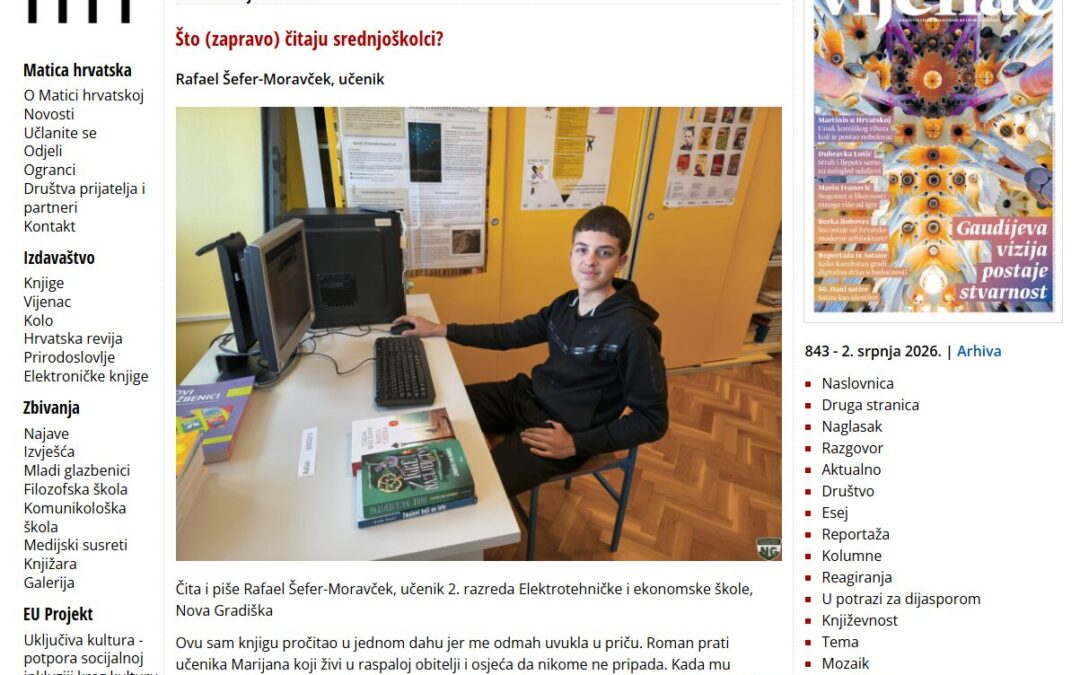 Naš učenik piše za Vijenac – recenzije Rafaela Šefera-Moravčeka objavljene u uglednom časopisu